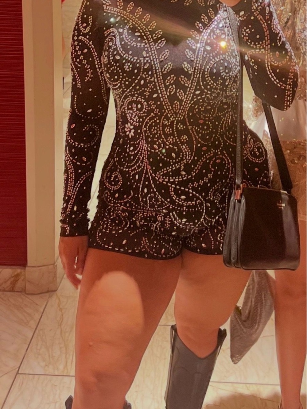 Black Rhinestone Embellished Long Sleeve Romper